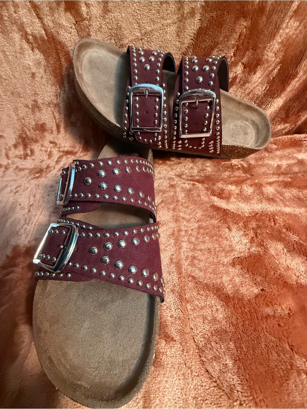 Woman’s Studded Double-Buckle Slide Sandals in Burgundy